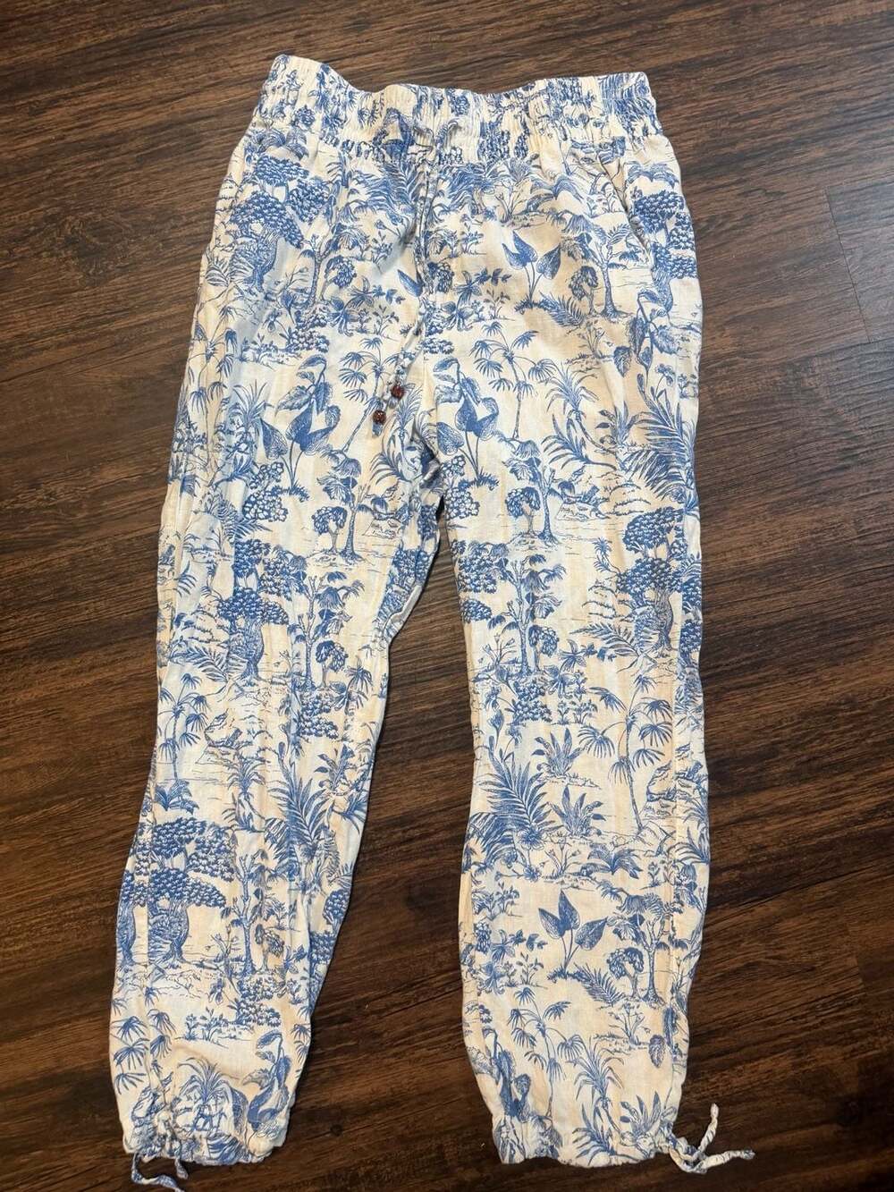 Nicole Miller Blue White Toile Botanical Tropical Linen Jogger Pants Size L